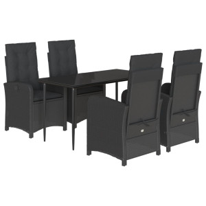 5 pcs conjunto de jantar p/ jardim c/ almofadões vime PE preto H