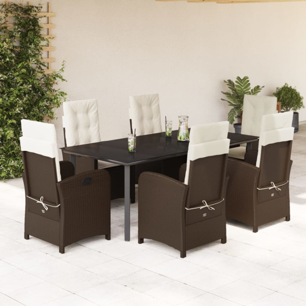 Set comedor de jardín 7 pzas con cojines ratán sintético marrón D