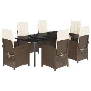 7 pcs conjunto jantar p/ jardim c/ almofadões vime PE castanho H