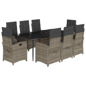 9 pcs conjunto de jantar p/ jardim c/ almofadões vime PE cinza H