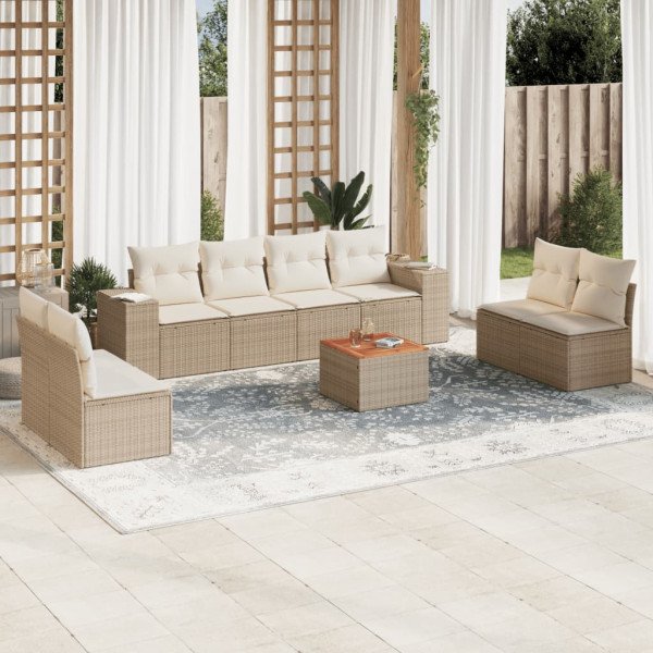 Set de sofás de jardín 9 pzas con cojines ratán sintético beige D
