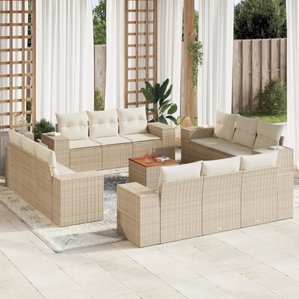 Set sofás de jardín con cojines 13 pzas ratán sintético beige D