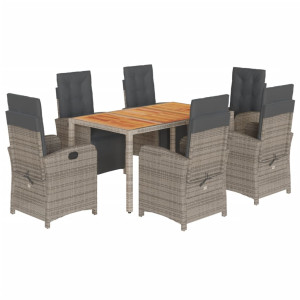 7 pcs conjunto de jantar p/ jardim c/ almofadões vime PE cinza H