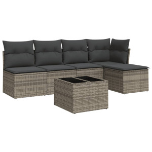 6 pcs conjunto sofás de jardim com almofadões vime cinzento H
