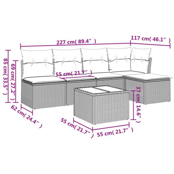 6 pcs conjunto sofás de jardim com almofadões vime cinzento M 3