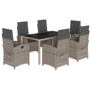 7 pcs conjunto de jantar p/ jardim c/ almofadões vime PE cinza H