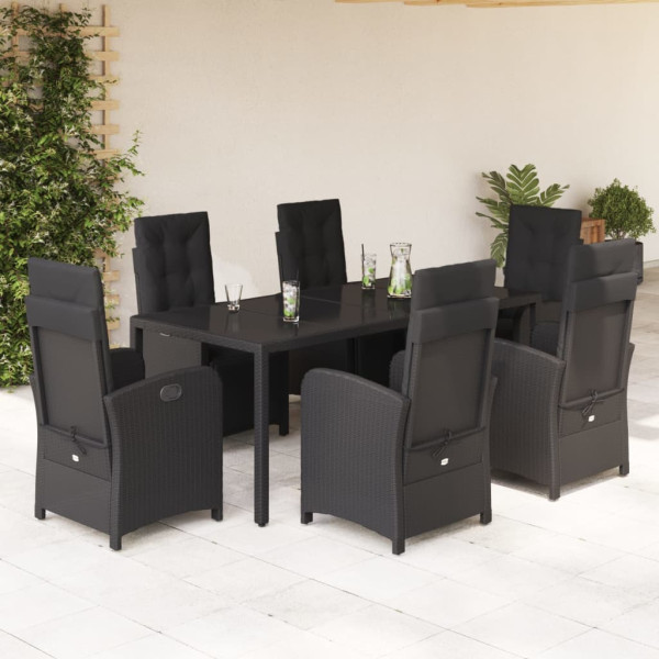 7 pcs conjunto de jantar p/ jardim c/ almofadões vime PE preto D