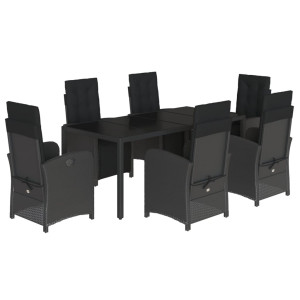 7 pcs conjunto de jantar p/ jardim c/ almofadões vime PE preto H