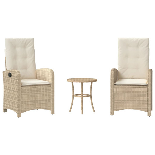 Cadeiras e mesa de jardim 3 peças ratão sintético almofada beige M 2