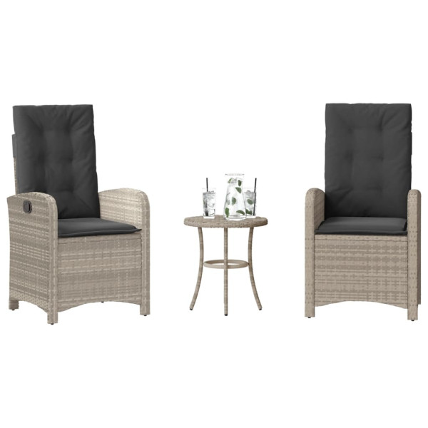 3 pcs conjunto bistrô com almofadões vime PE cinzento claro D