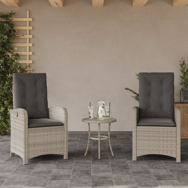3 pcs conjunto bistrô com almofadões vime PE cinzento claro M 3