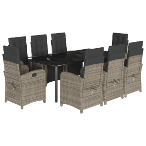 9 pcs conjunto de jantar p/ jardim c/ almofadões vime PE cinza H