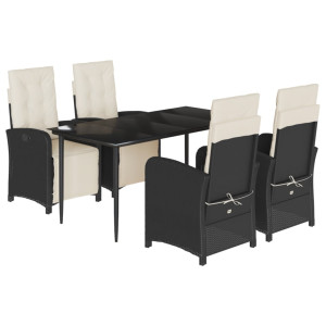 5 pcs conjunto de jantar p/ jardim c/ almofadões vime PE preto H