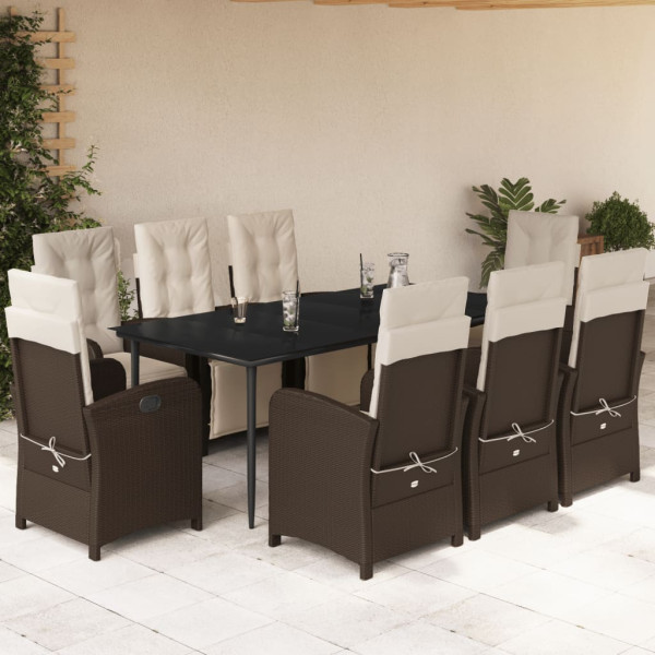 Set comedor para jardín 9 pzas y cojines ratán sintético marrón D