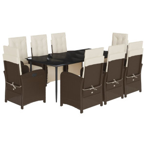 Set comedor para jardín 9 pzas y cojines ratán sintético marrón H