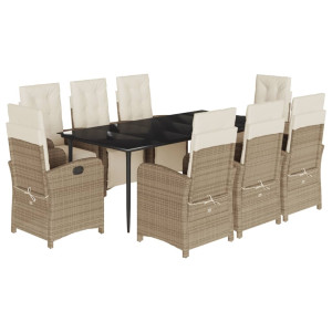 9 pcs conjunto de jantar p/ jardim com almofadões vime PE bege H
