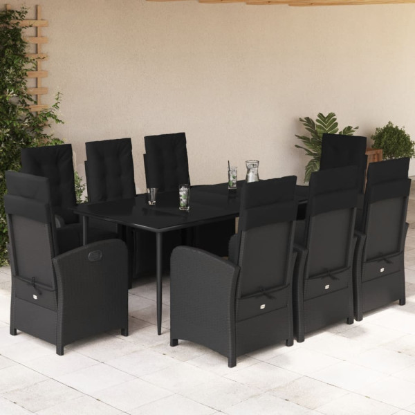 Set de comedor de jardín 9 pzas y cojines ratán sintético negro D