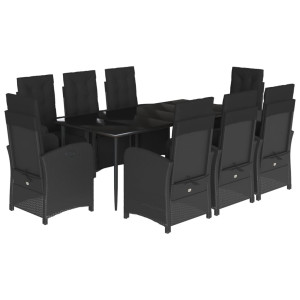 9 pcs conjunto de jantar p/ jardim c/ almofadões vime PE preto H