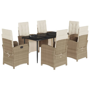 7 pcs conjunto de jantar p/ jardim com almofadões vime PE bege H