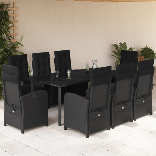 9 pcs conjunto de jantar p/ jardim c/ almofadões vime PE preto D