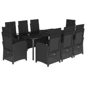9 pcs conjunto de jantar p/ jardim c/ almofadões vime PE preto H