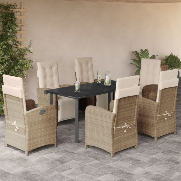 Set comedor de jardín 7 pzas con cojines ratán sintético beige D