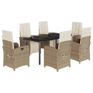 7 pcs conjunto de jantar p/ jardim com almofadões vime PE bege H