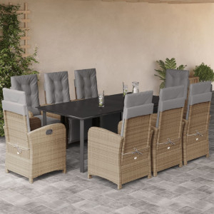 9 pcs conjunto de jantar p/ jardim com almofadões vime PE bege H