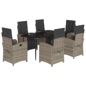 7 pcs conjunto de jantar p/ jardim c/ almofadões vime PE cinza H