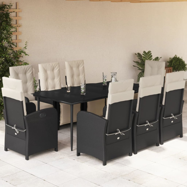 Set de comedor de jardín 9 pzas y cojines ratán sintético negro D
