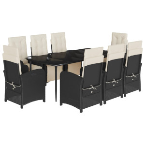9 pcs conjunto de jantar p/ jardim c/ almofadões vime PE preto H
