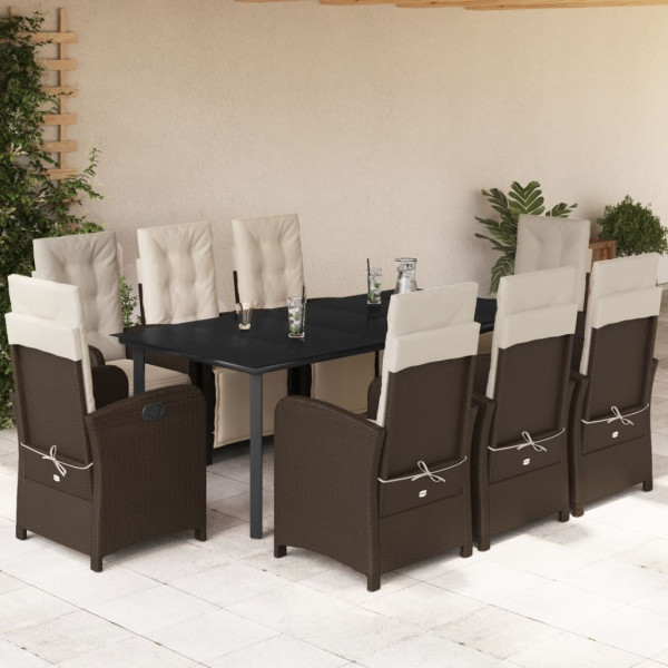 Set comedor para jardín 9 pzas y cojines ratán sintético marrón D