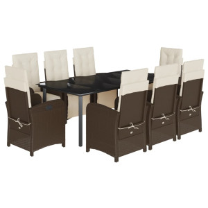 9 pcs conjunto jantar p/ jardim c/ almofadões vime PE castanho H