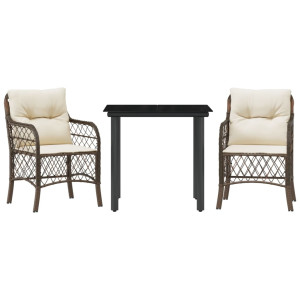 3 pcs conjunto bistrô com almofadões vime PE castanho H