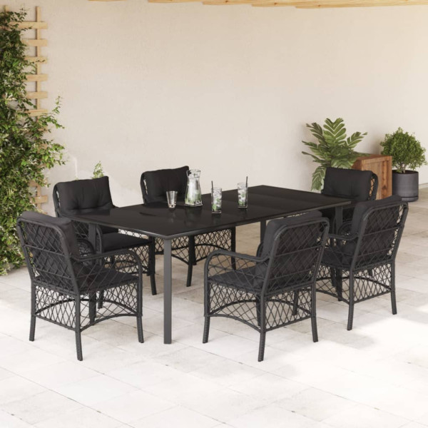 7 pcs conjunto de jantar p/ jardim c/ almofadões vime PE preto D