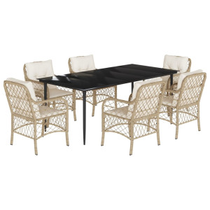7 pcs conjunto de jantar p/ jardim com almofadões vime PE bege H