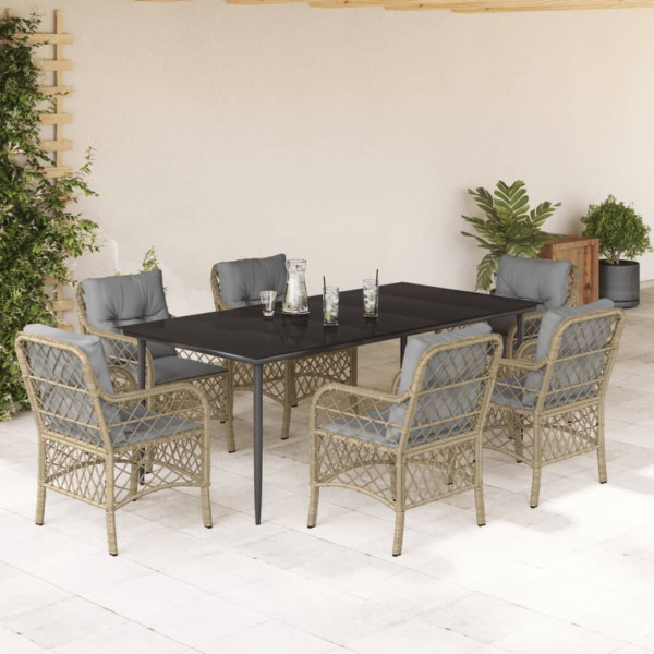 Set comedor de jardín 7 pzas con cojines ratán sintético beige D