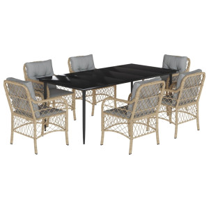 7 pcs conj. jantar jardim c/ almofadões vime PE bege misturado H