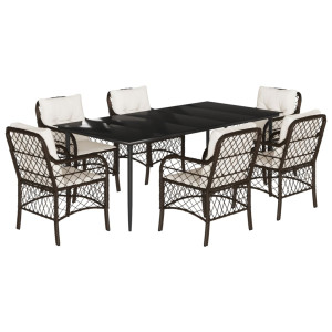 7 pcs conjunto jantar p/ jardim c/ almofadões vime PE castanho H