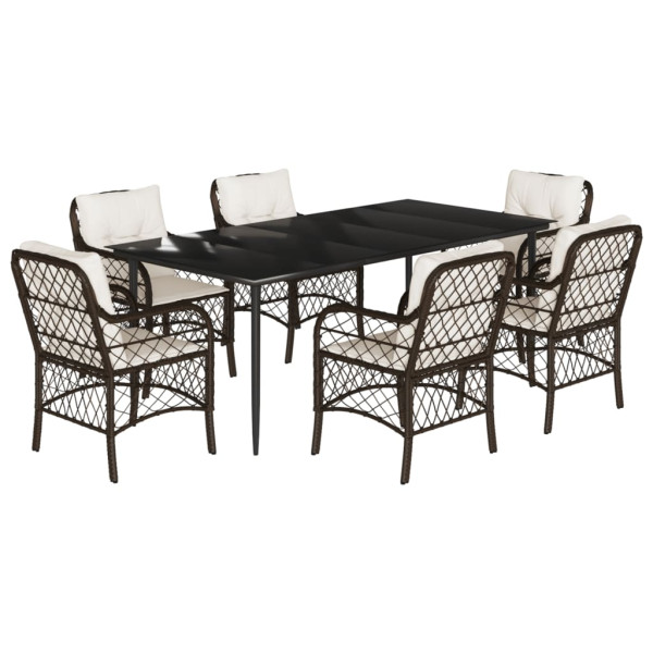 Set comedor de jardín 7 pzas con cojines ratán sintético marrón M 2