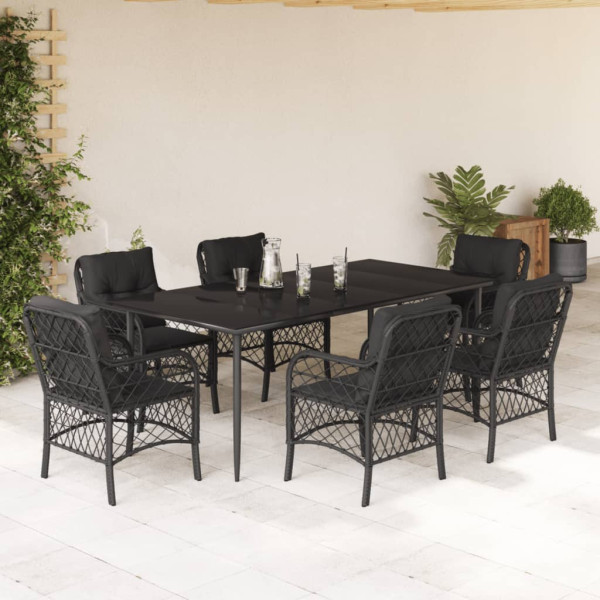 Set de comedor de jardín 7 pzas y cojines ratán sintético negro D
