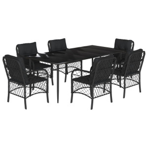 7 pcs conjunto de jantar p/ jardim c/ almofadões vime PE preto H