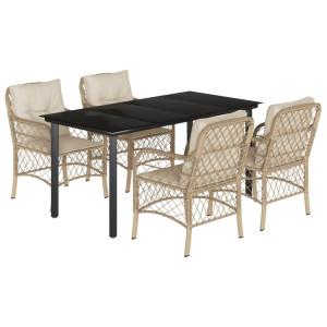 5 pcs conjunto de jantar p/ jardim com almofadões vime PE bege H