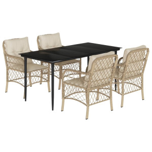 5 pcs conjunto de jantar p/ jardim com almofadões vime PE bege H