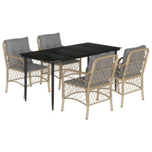 5pcs conj. jantar jardim c/ almofadões vime PE bege misturado H