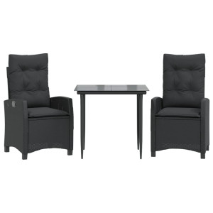 3 pcs conjunto de jantar p/ jardim c/ almofadões vime PE preto H