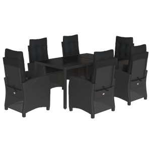 7 pcs conjunto de jantar p/ jardim c/ almofadões vime PE preto H