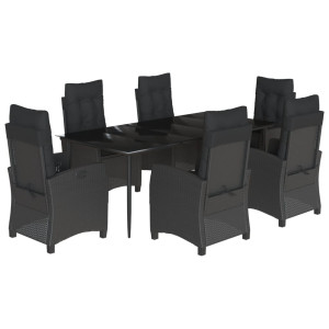 7 pcs conjunto de jantar p/ jardim c/ almofadões vime PE preto H