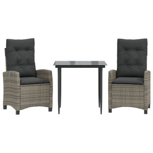 3 pcs conjunto de jantar p/ jardim c/ almofadões vime PE cinza H