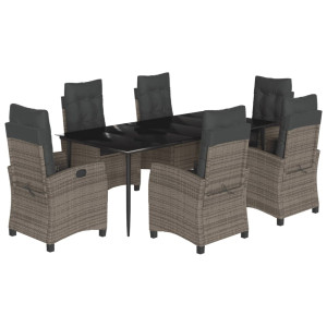 7 pcs conjunto de jantar p/ jardim c/ almofadões vime PE cinza H